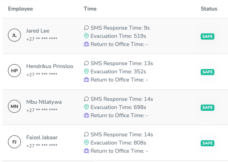 LiveAlert evacuee status list